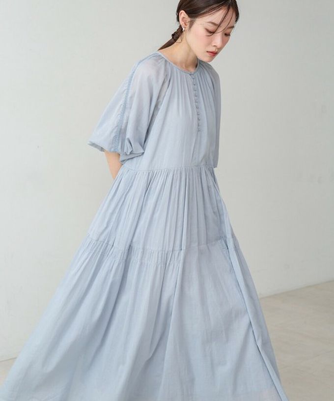 日本 Bab - 100%棉 巴里紗柔軟素色寬袖洋裝-炭灰