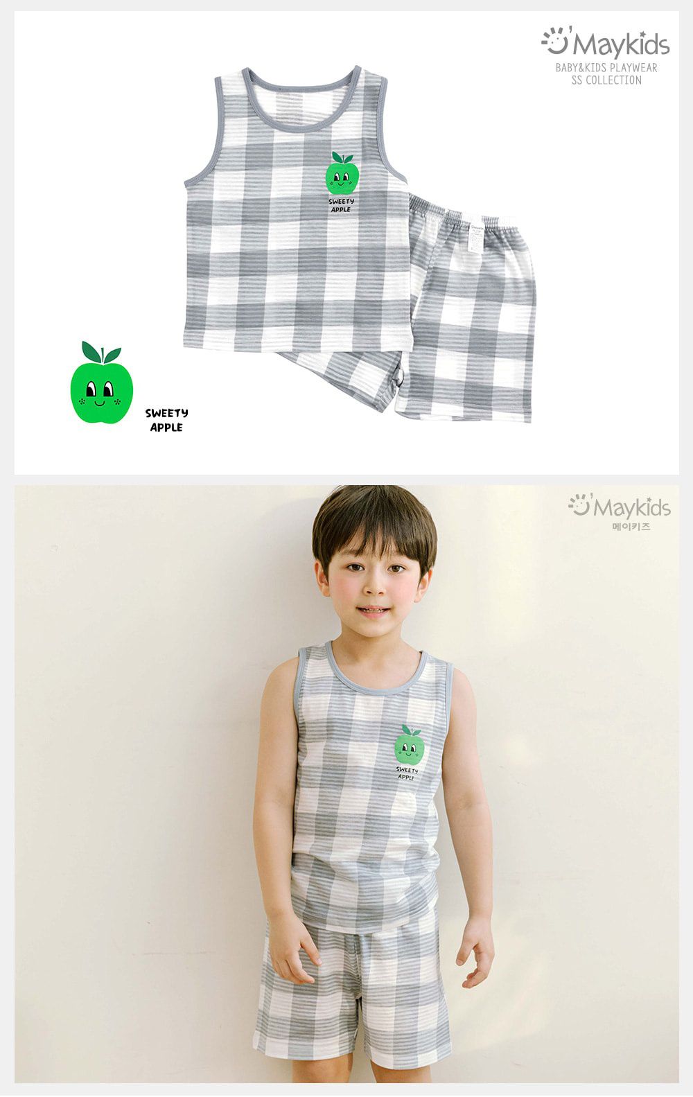 韓國 Maykids - 有機棉透氣輕薄無袖家居服-格子青蘋果