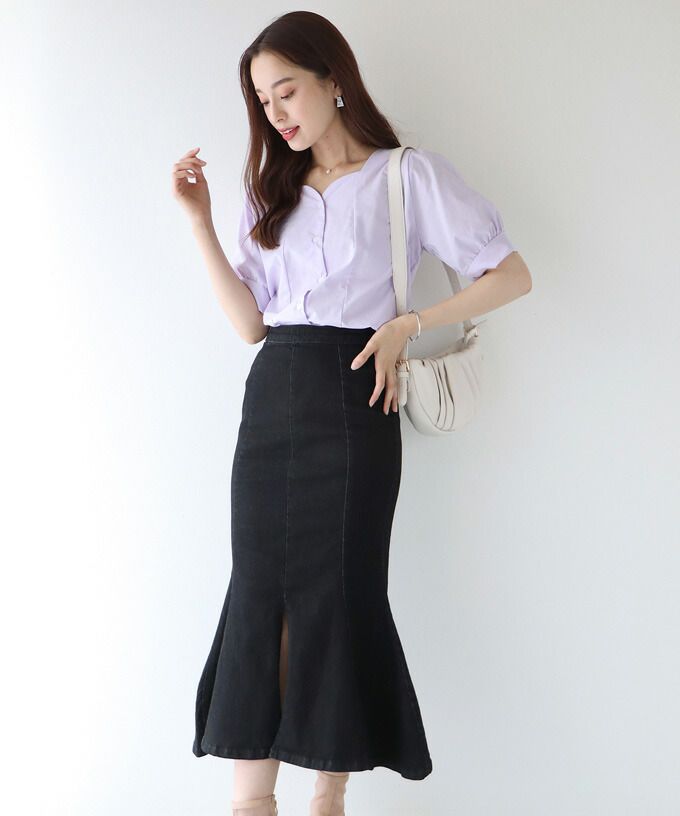 日本 BLUE EAST - 質感丹寧修身魚尾裙-深藍