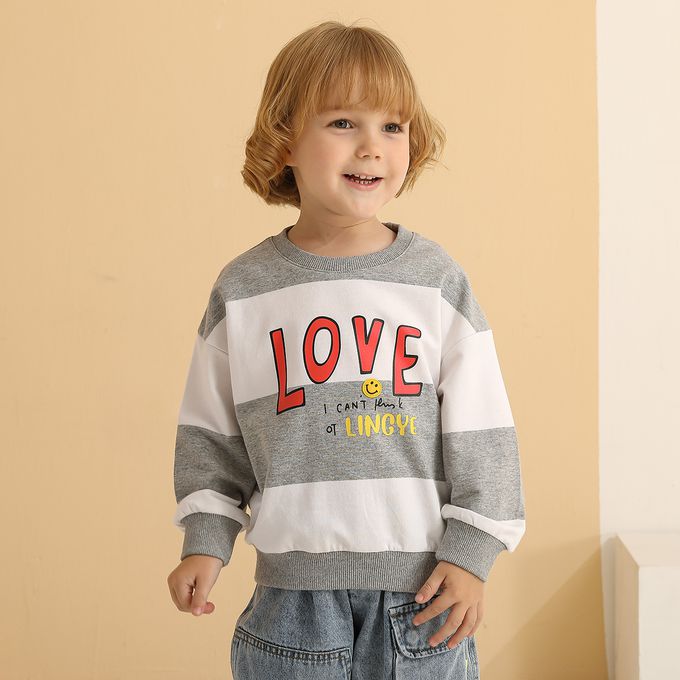 童趣圓領條紋長袖上衣-LOVE-灰色