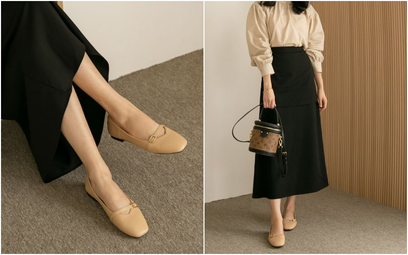 韓國 PINKELEPHANT - 金釦帶軟底低跟包鞋(1.5cm)-粉紫