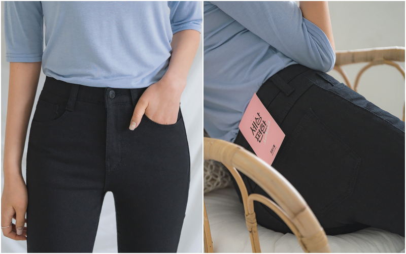 韓國 ENVYLOOK - 超彈力收腰鬆緊窄管褲-黑