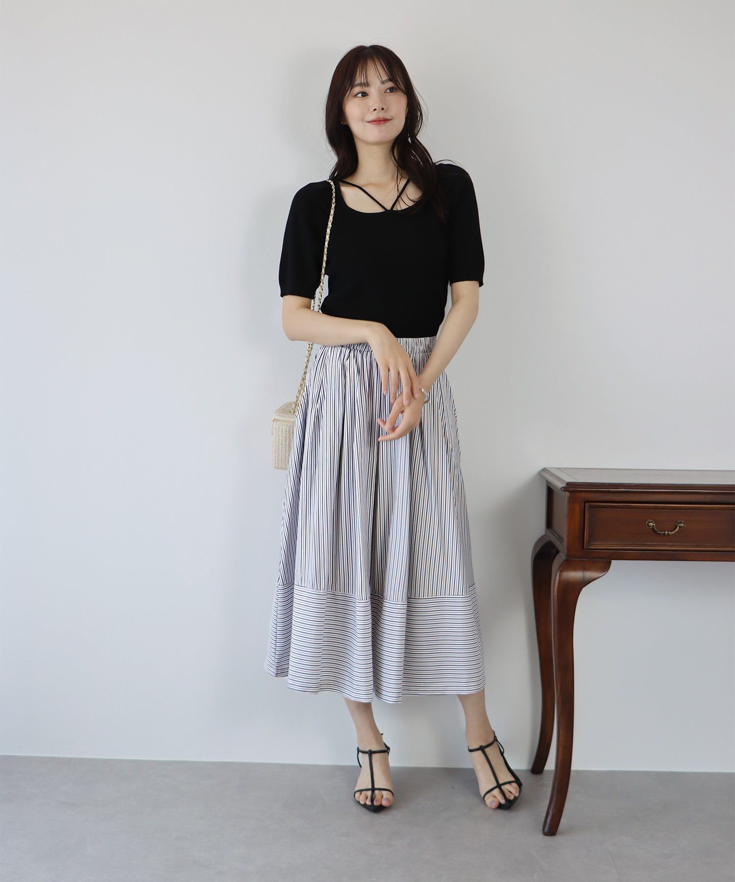 日本 BLUE EAST - 歐風質感條紋拼接修身長裙-綠x白