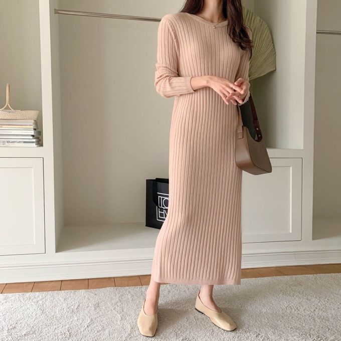 韓國女裝連線 - 喀什米爾羊毛針織連身洋裝-淡粉 (FREE)