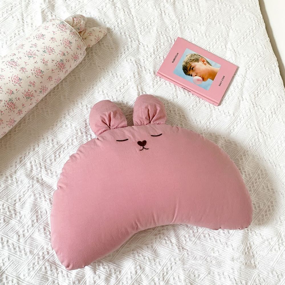韓國 Hello HiZoo - 手工製動物造型純棉柔感兒童枕-Hi Bunny-粉灰 (50x30cm)