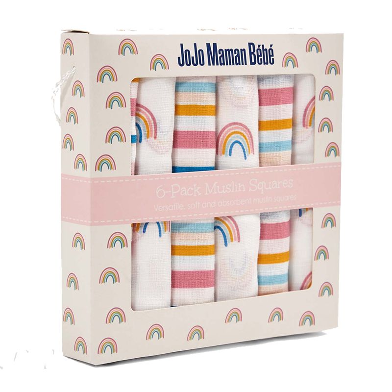 英國 JoJo Maman BeBe - 100% 純棉多功能細紗布包巾/小薄被/拍嗝巾/安撫巾 6入組 (60*60cm)-繽紛彩虹