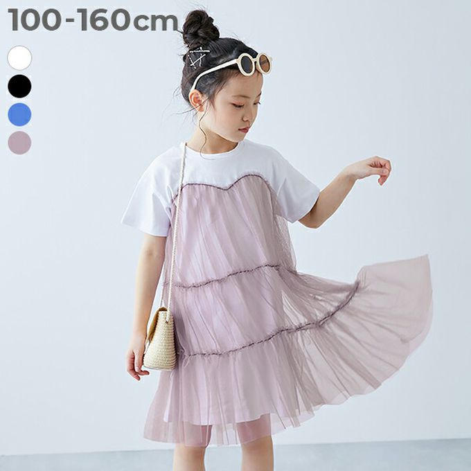 日本 devirock - 柔軟薄紗拼接甜美短袖洋裝-藍