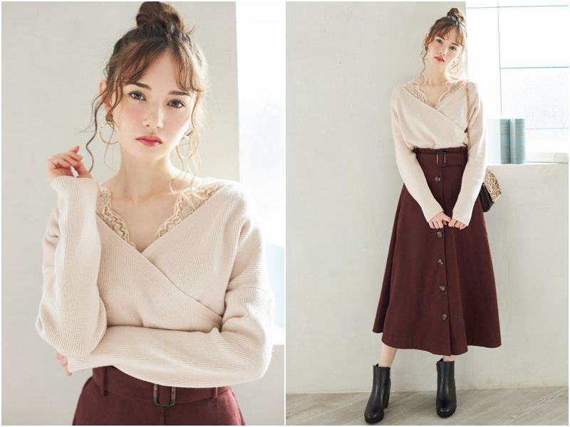 日本 GRL - 大V領蕾絲拼接針織上衣-淺米杏 (Free)