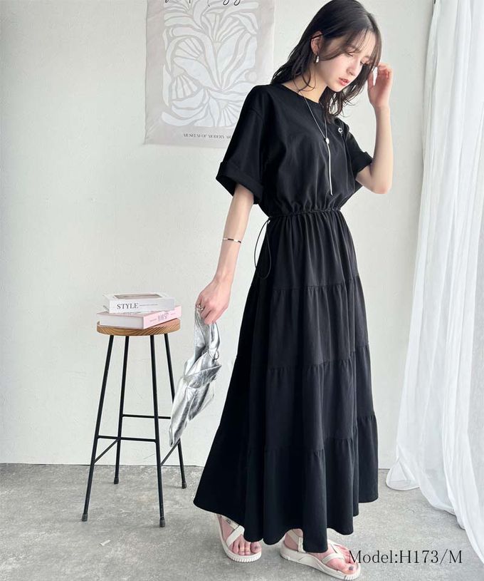 日本 Classical Elf - 簡約logo刺繡 腰抽繩分層短袖洋裝-海軍藍