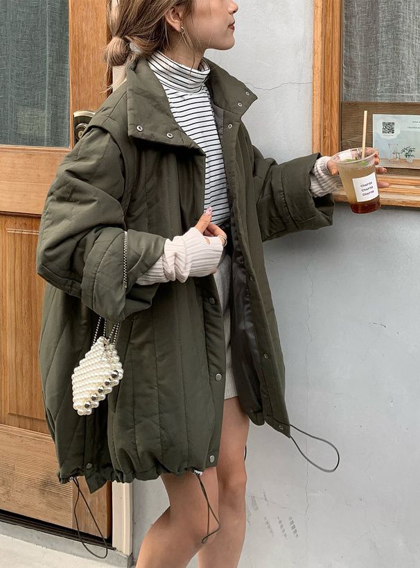 日本 GRL - 袖可拆時尚抽繩羽絨外套(背心二穿)-軍綠 (F)