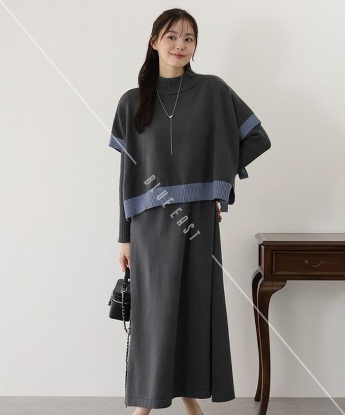 日本 BLUE EAST - [經典款]氣質針織斗篷綁帶長袖洋裝2件組-黑x杏