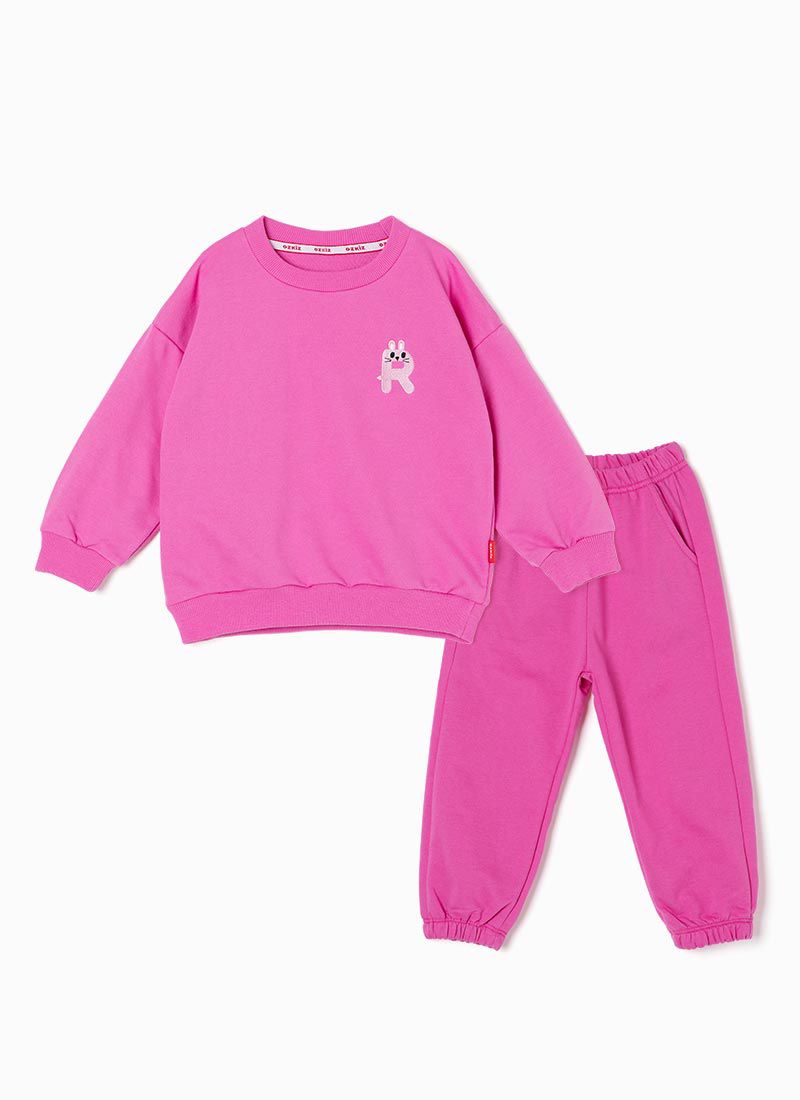 韓國 OZKIZ - 動物刺繡休閒長袖縮口套裝-兔子-桃粉