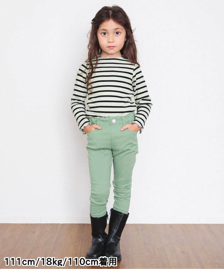 日本 BREEZE - 羅紋捲邊百搭薄長袖上衣-墨綠條紋