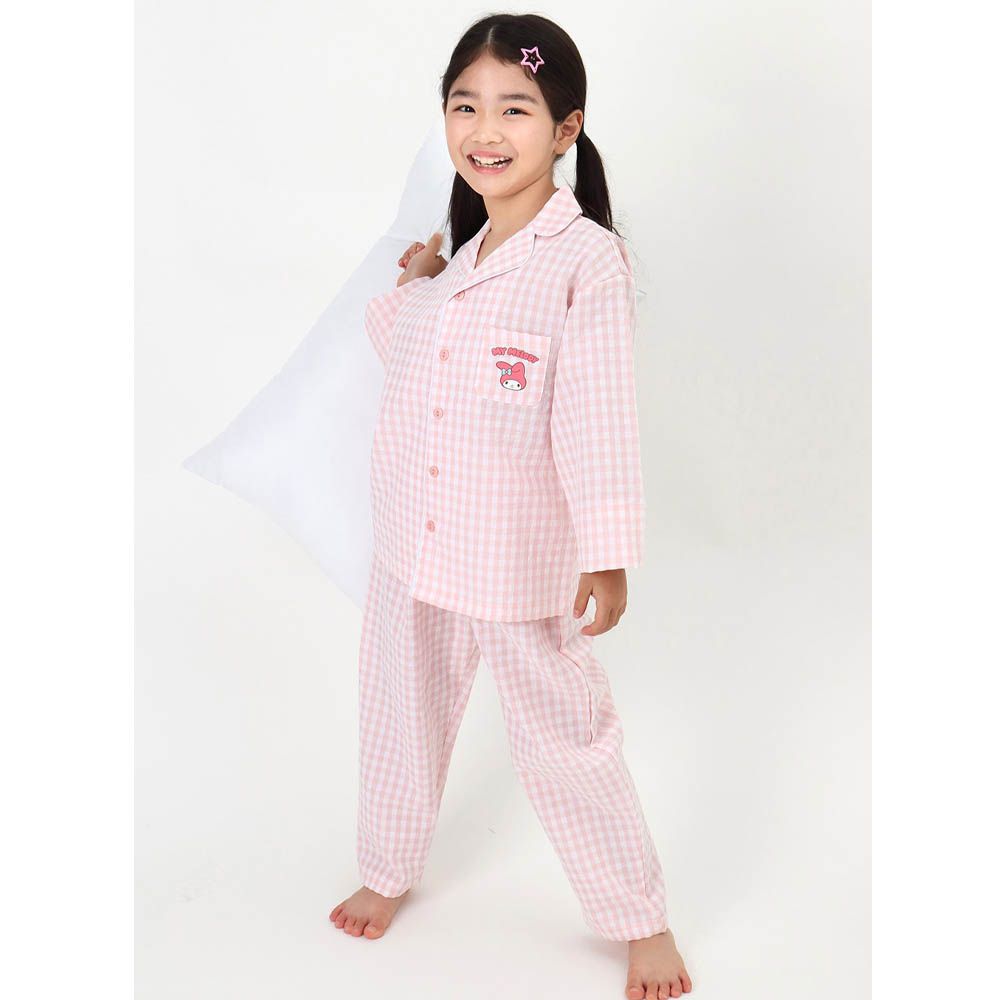 卡通格紋翻領長袖睡衣套裝-卡通人物美樂蒂-粉