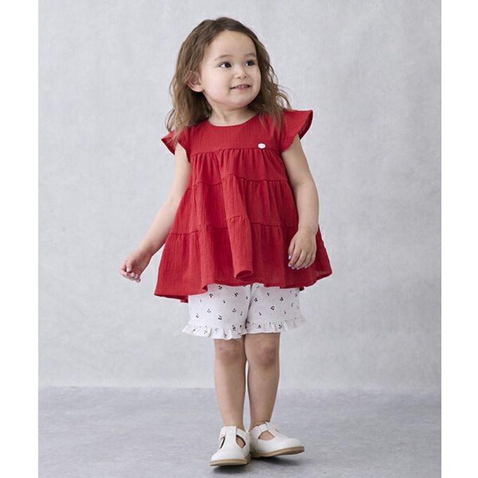 日本 petit main - 可愛荷葉邊短褲-滿版櫻桃-白