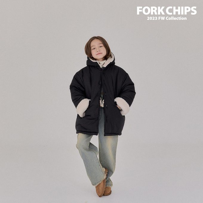 韓國 FORK CHIPS - 冬天保暖鋪棉長版連帽外套-黑