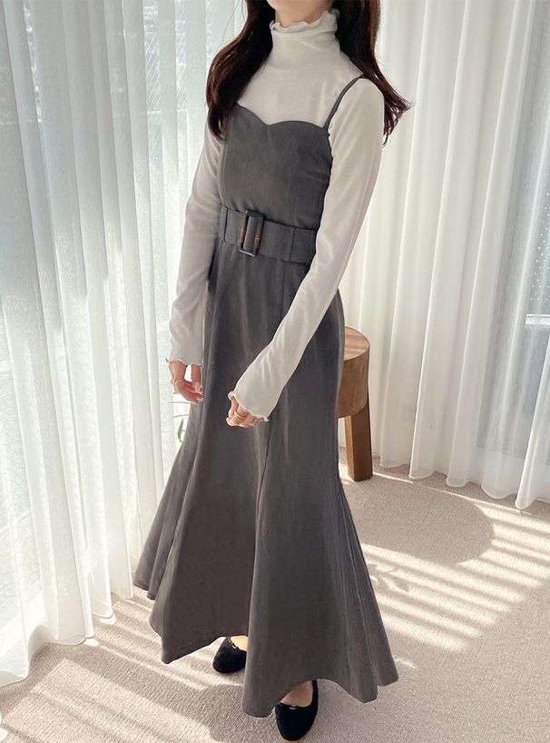 日本 GRL - 桃心領收腰魚尾吊帶裙(附腰帶)-黑