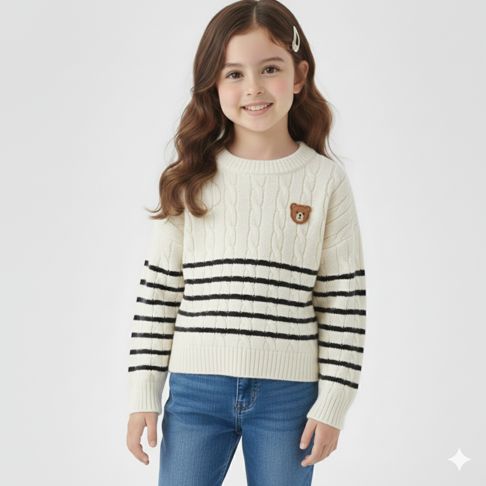 棉質圓領針織長袖上衣-麻花小熊-米白