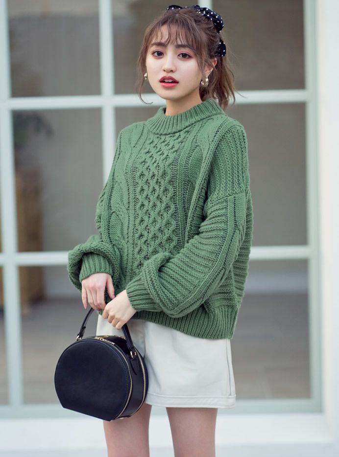 日本 GRL - 小高領麻花針織毛衣-杏