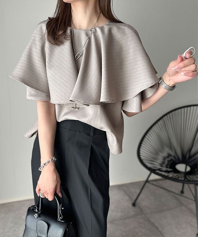 日本 Classical Elf - 前後2way優雅荷葉大翻領上衣-細條紋-黑