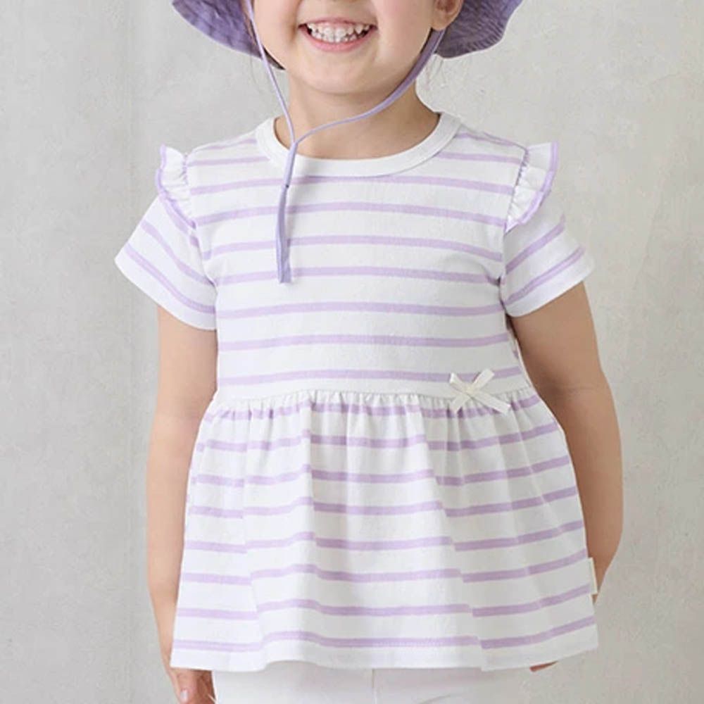 荷葉袖傘狀層次短袖上衣-條紋-紫x白