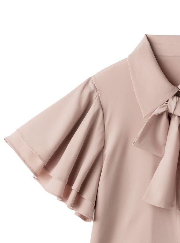 日本 GRL - 氣質蝴蝶結雙層袖雪紡上衣-淺橘粉