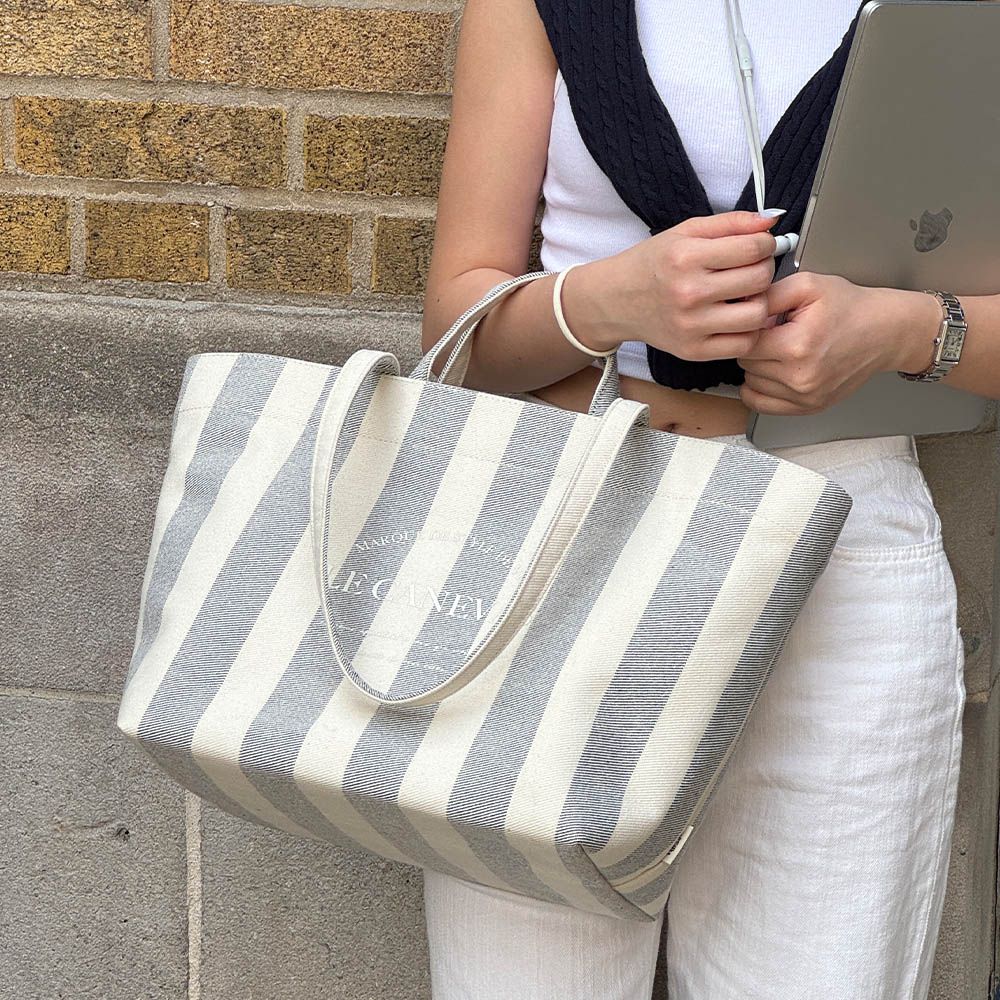 小眾設計 大容量帆布手提/肩背包-直條紋-海軍藍