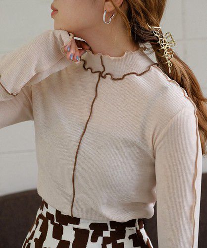 日本 Bou Jeloud - 木耳滾邊長袖上衣-淺灰