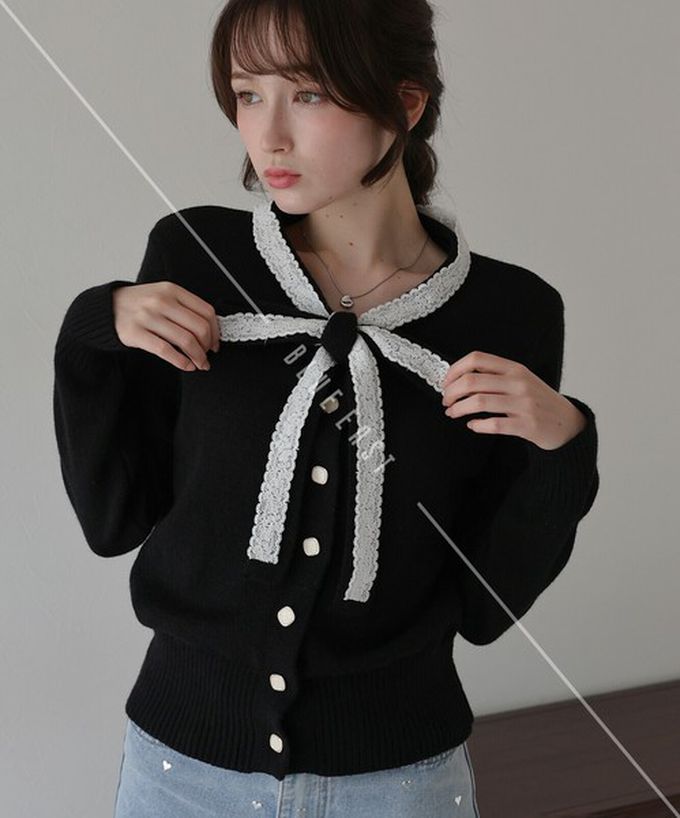 日本 BLUE EAST - 少女爛漫蕾絲蝴蝶結開襟衫-黑