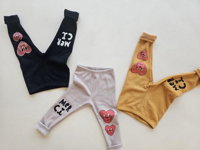 韓國 First Blue - (內磨毛)鬆緊腰愛心動物臉彈力褲-米灰杏