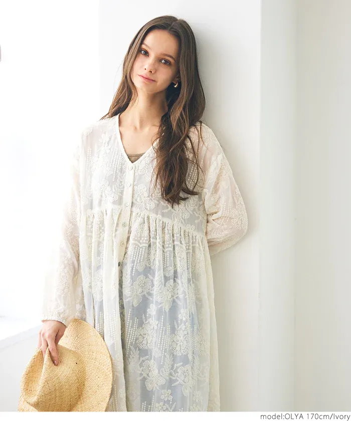 日本 COCA - V領花蕾絲透膚排扣罩衫/洋裝-米杏