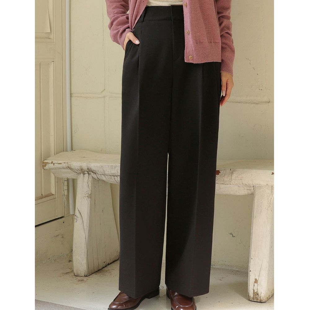 Domingoblue 後鬆緊腰雙鈎釦抓褶內磨毛西裝落地褲-黑