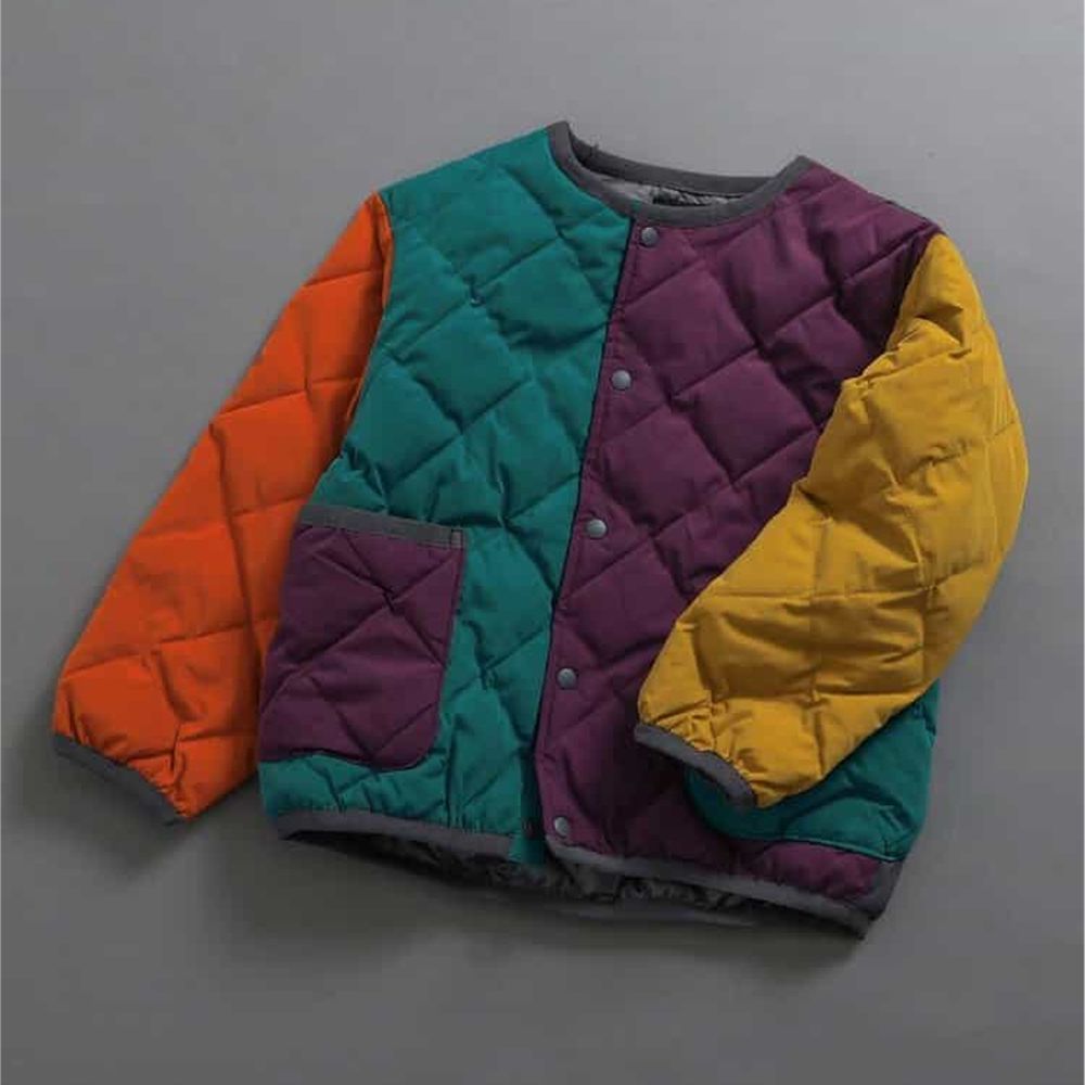 [可機洗]無領簡約絎縫保暖外套-撞色-彩虹