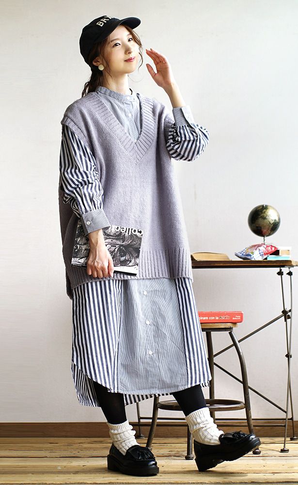 日本 zootie - 毛呢V領寬鬆針織背心-淺灰紫