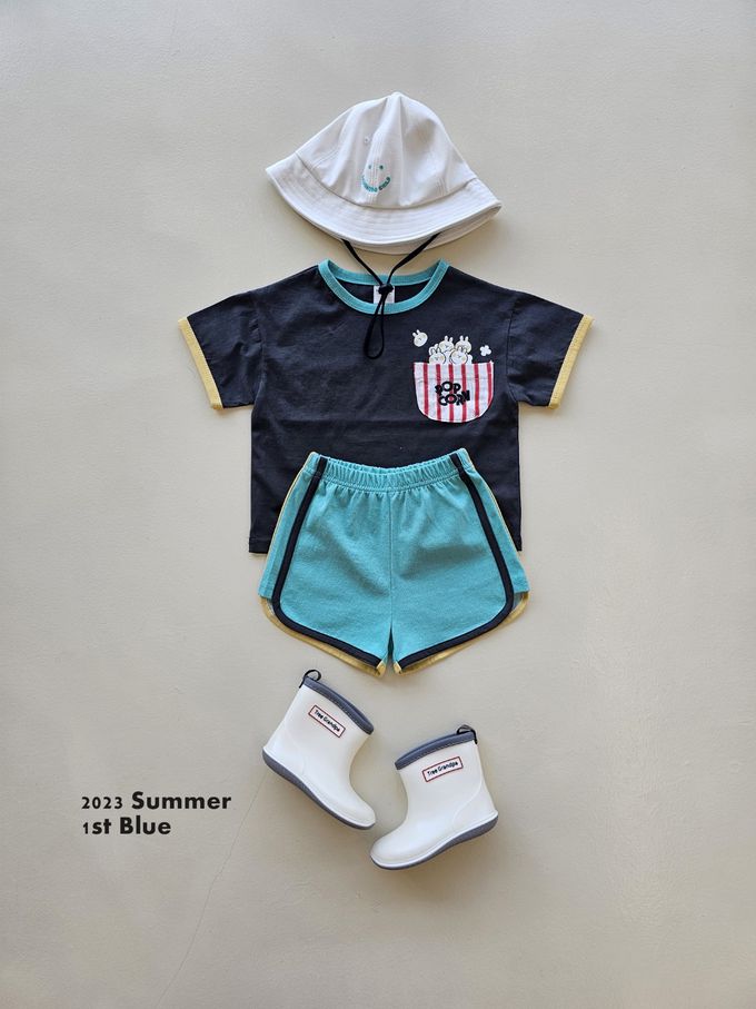 韓國 First Blue - 圓領純棉口袋短袖上衣-爆米花兔兔-黑X綠X黃