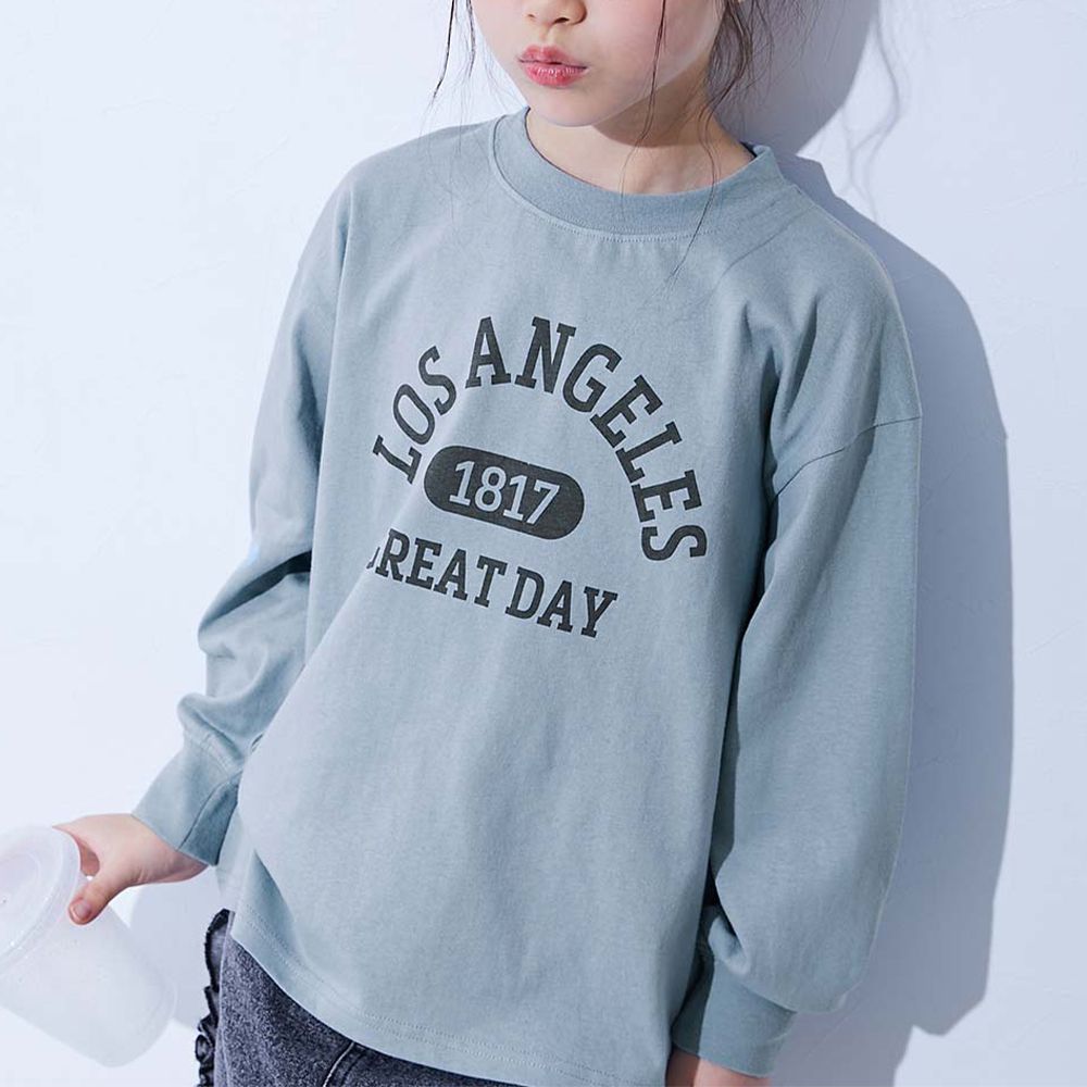 100%棉 寬鬆版型縮口長袖上衣-LOS ANGELES-霧藍