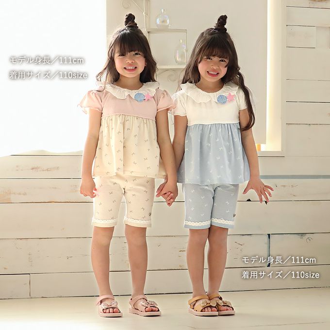 日本 ZOOLAND - 貝殼蕾絲領緹花短袖上衣-蝴蝶結印花-粉紅