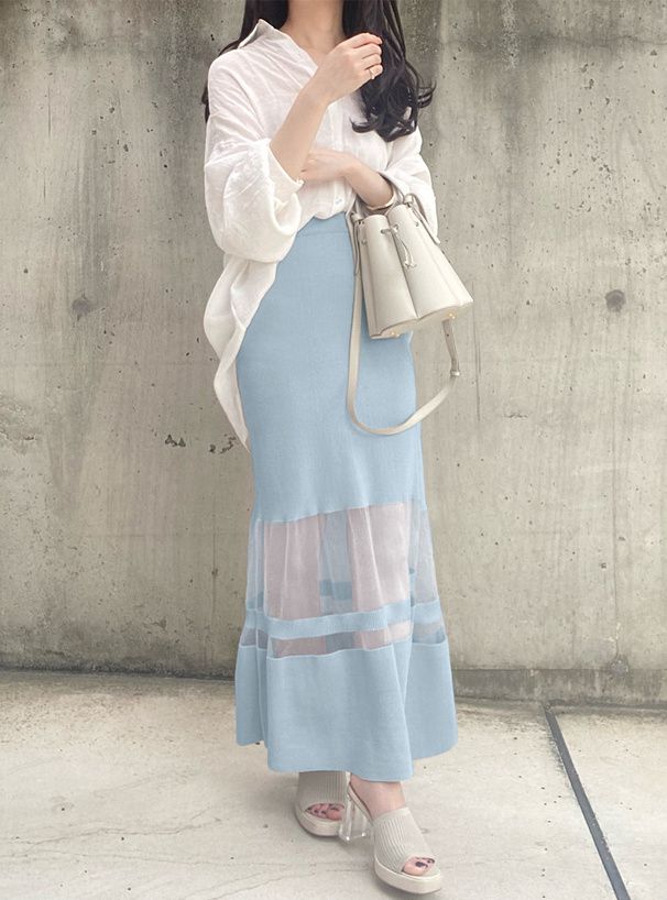 日本 GRL - 夢幻薄紗拼接修身魚尾裙-米杏