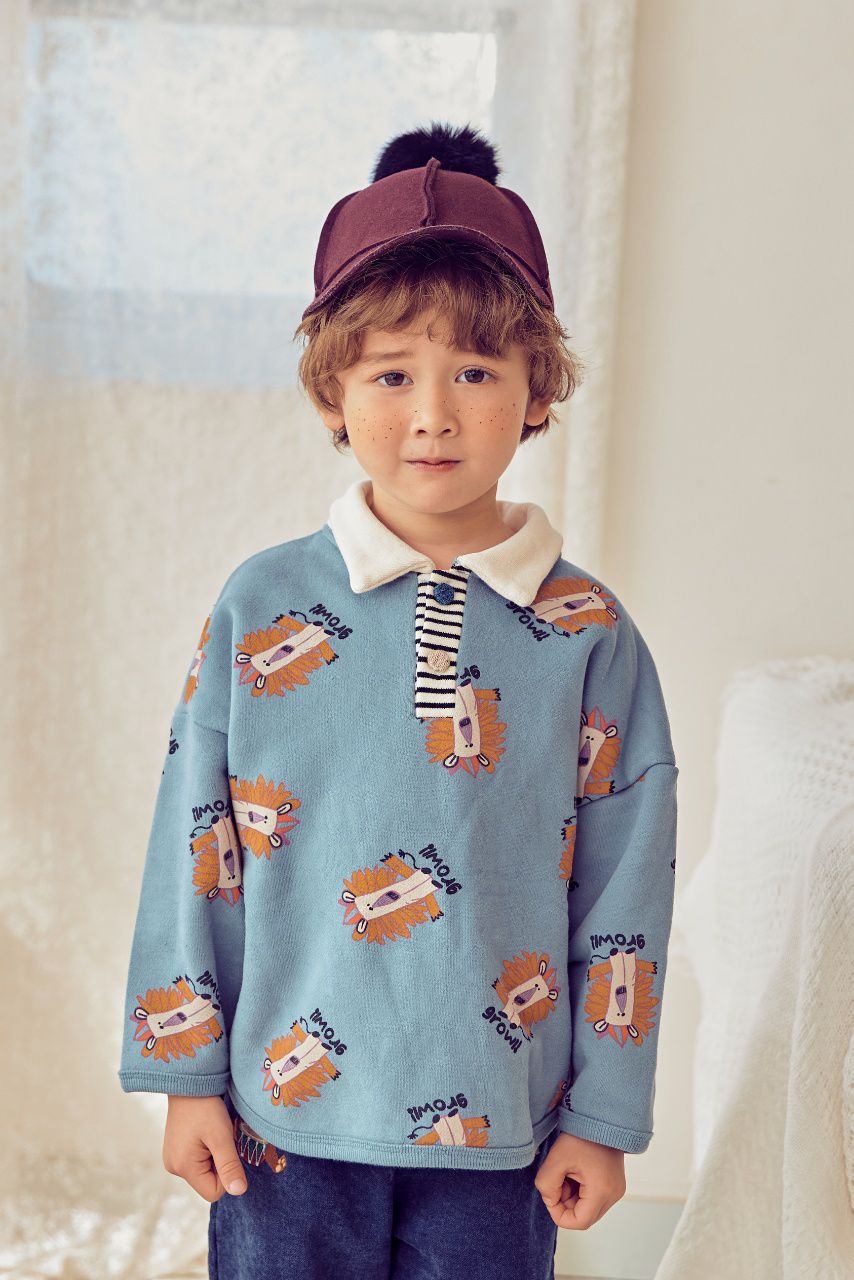 韓國 Mimico - (裏起毛)獅子開襟T-藍