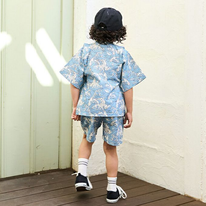 日本 b-ROOM - 100%棉 夏季甚平套裝-浮世繪浪-水藍