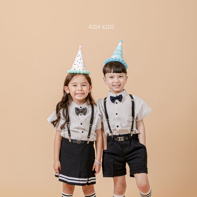 韓國 AIDA - (不含領結)百搭細網格短袖襯衫-白X黑