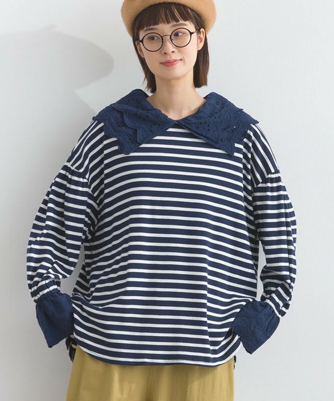 日本 Lupilien - 精緻蕾絲領落肩喇叭袖上衣-黑灰條紋