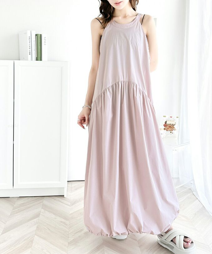 日本 Classical Elf - 簡約領氣球裙擺無袖洋裝-米杏