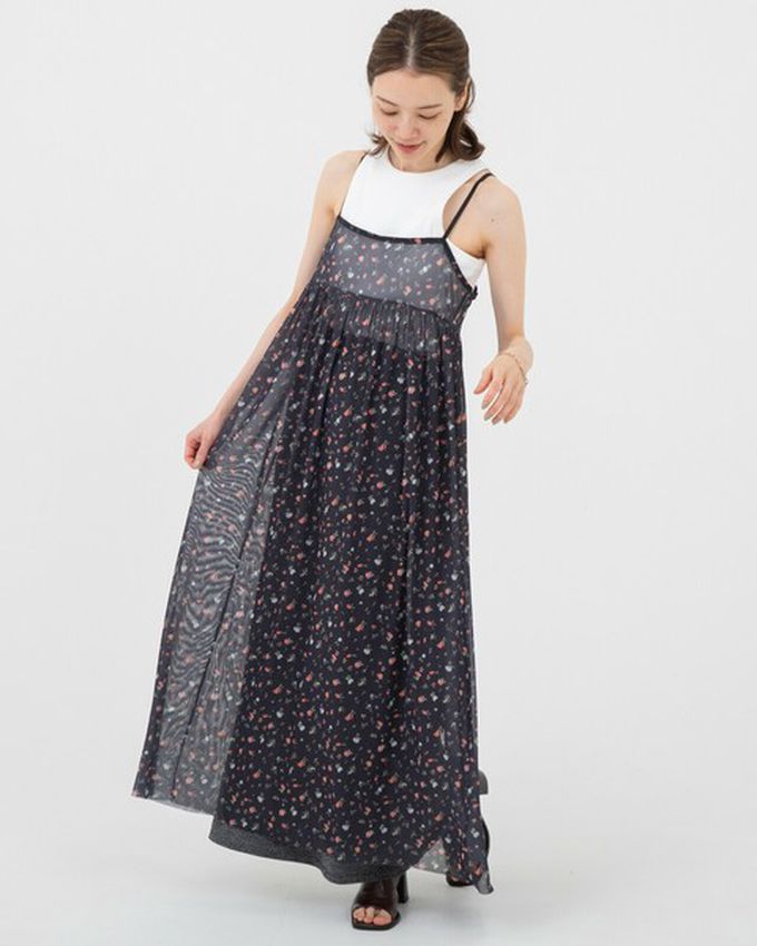 日本 gleam - 前後2way浪漫小花細肩帶薄紗洋裝-黑