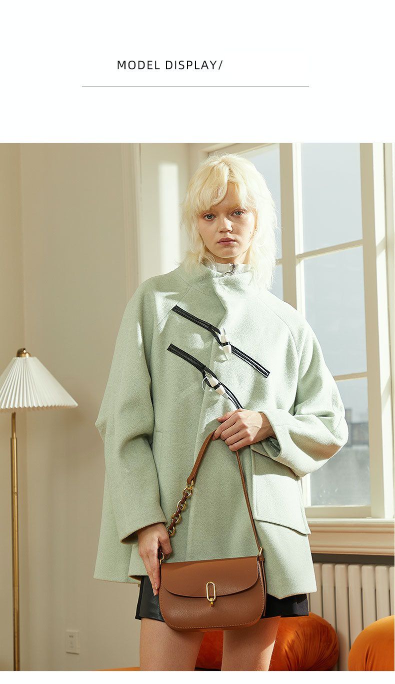 真皮時尚簡約單肩/斜跨馬鞍包-黑色 (17x7x22cm)