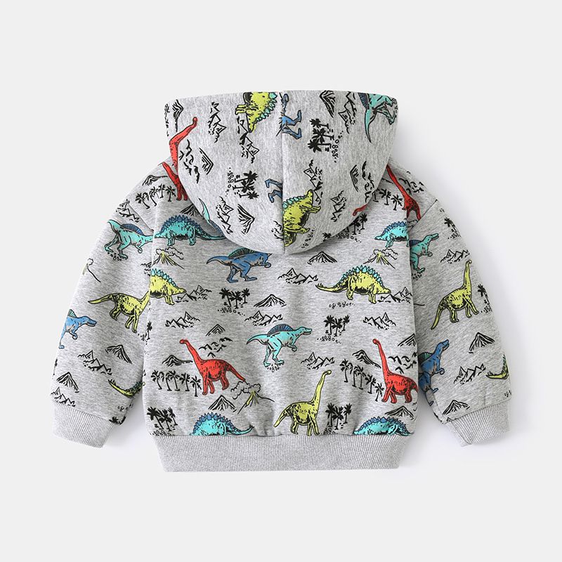 WELLKIDS - 加絨印花連帽長袖上衣/帽T-滿滿繽紛恐龍-灰色