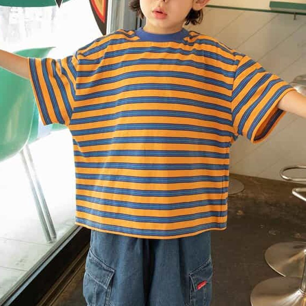 寬鬆街頭感五分袖上衣-條紋-黃x藍
