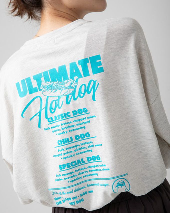 日本 gleam - 幽靈熱狗美式印花寬大風短袖T恤-燕麥灰