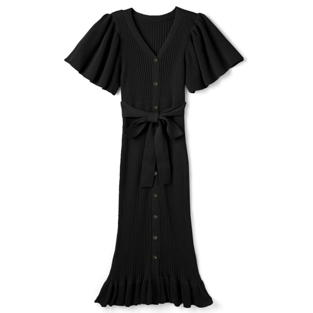日本 GRL - 浪漫大荷葉袖針織修身洋裝-時尚黑
