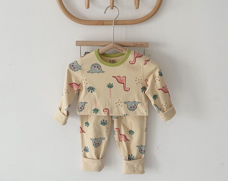 棉質圓領長袖家居服套裝-鱷魚-灰色